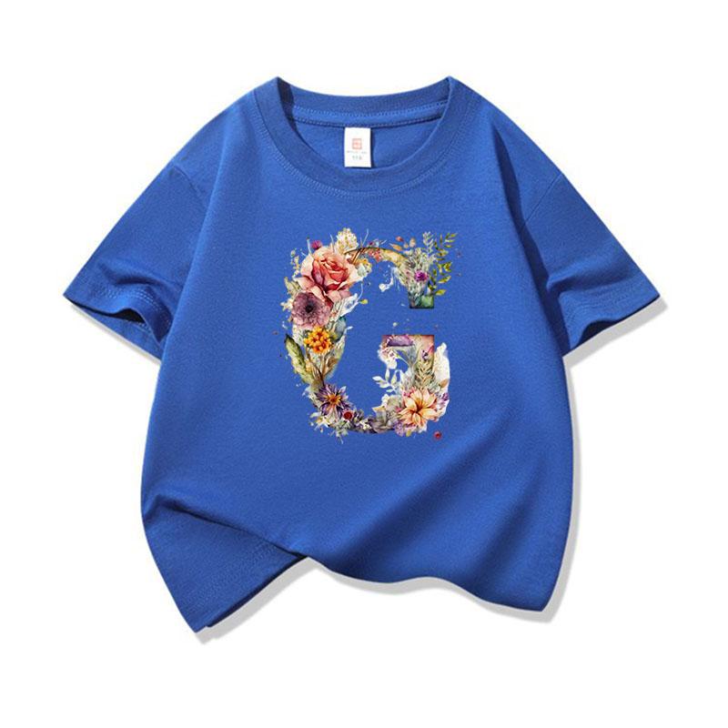 Kids Cotton T Shirt Floral Letter G Print Crew Neck Short Sleeve Tee Casual Boys Girls Summer Tops