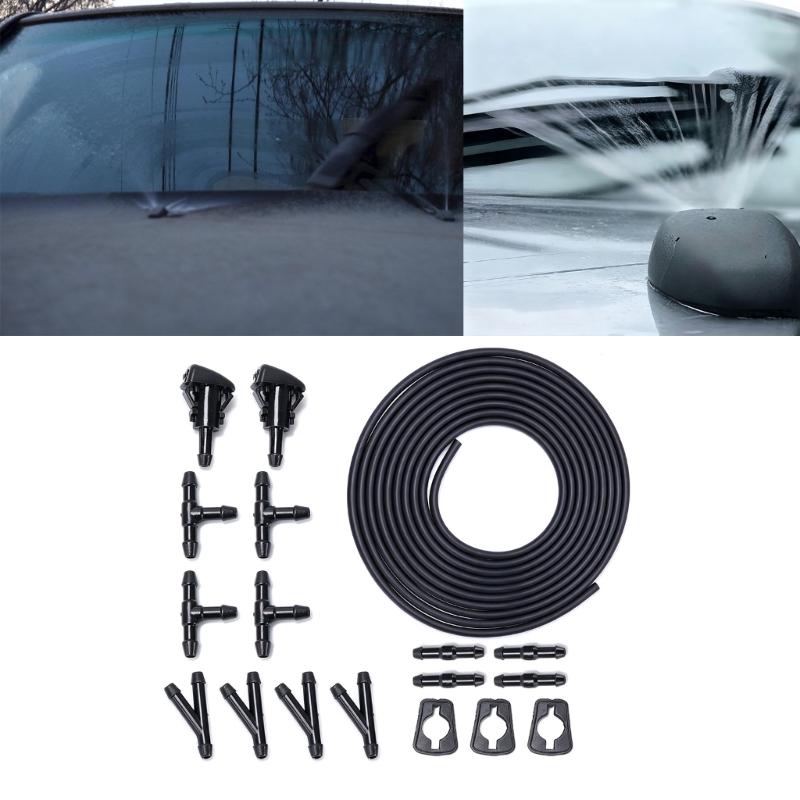Washer Fluid Hose Repair Kit with Custom Length Rubber Tubing, Washer Nozzles and Nylon Branch Fittings for Windshield Hose Replacement