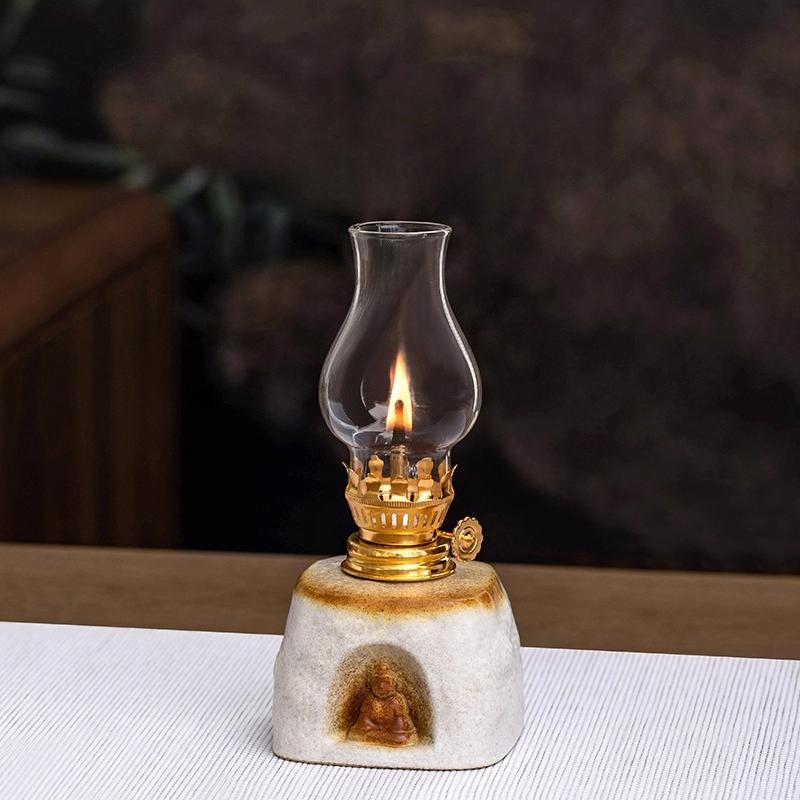 Oil Lamp Ceramic Ghee Lamp Retro Lamp Household New Chinese Ornament Atmosphere Light Night Light Buddha Lamp