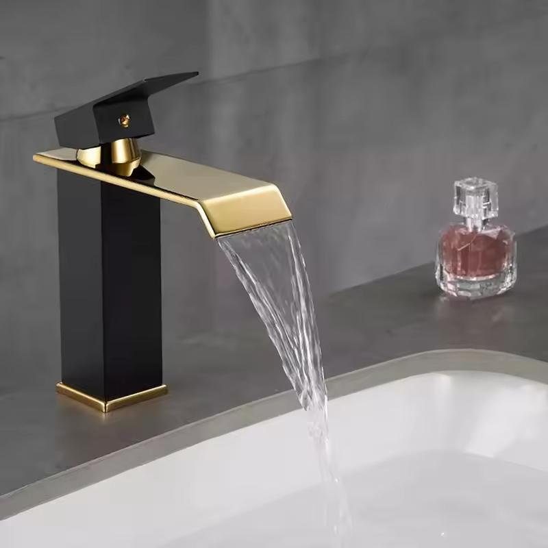 KAWAL Luxury Antique Design Basin Faucet Black Golden Waterfall Bathroom Mixer Modern Deck Mounted Basin Faucet
