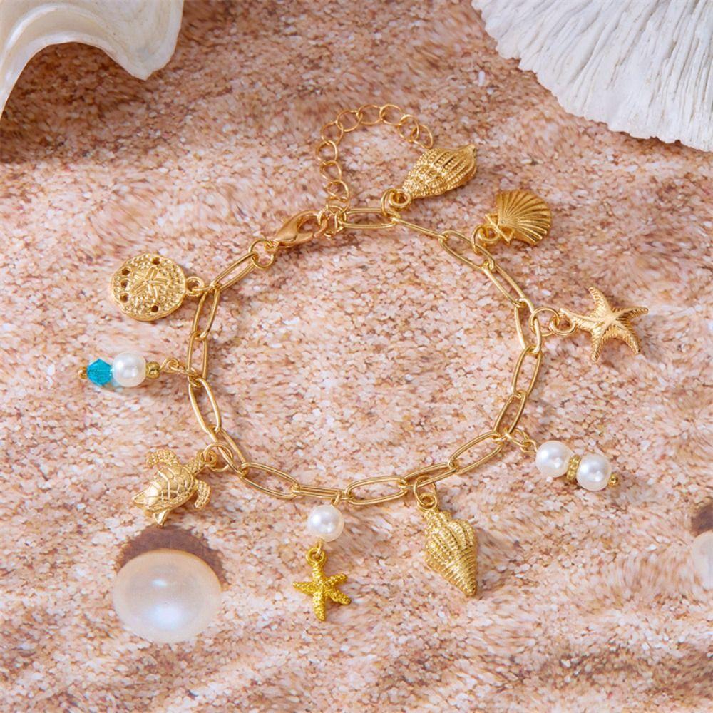 Boho Shell Starfish Bracelet Pearl Bohemian Beach Jewelry Metal Gold Bracelet Party Jewelry