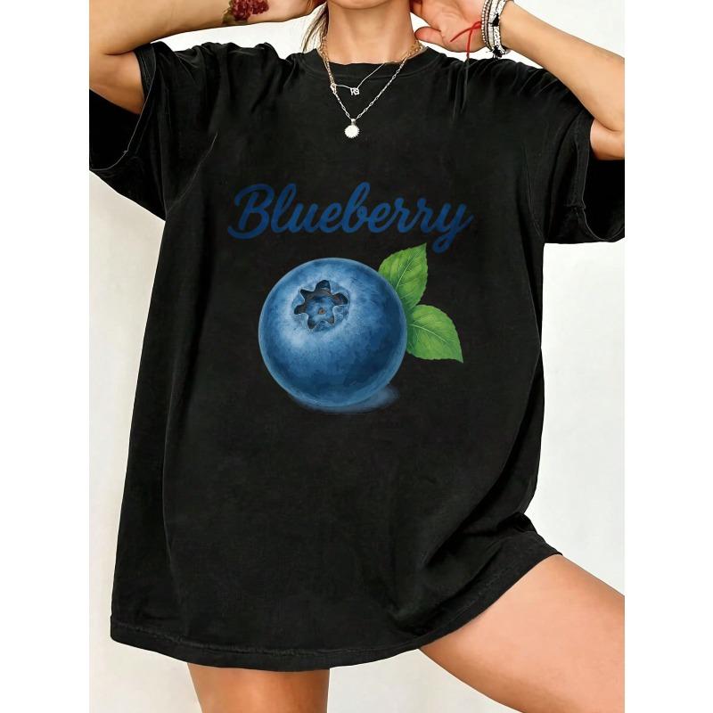 

Oversized T Shirt Black Blueberry Fruit Print And Text Casual Wear For Women Summer Outfit Street Style Fashion Top S