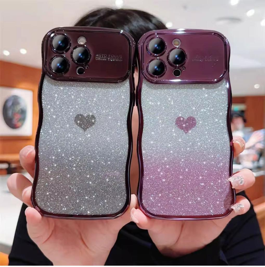 Transparent Wavy Electroplating Phone Case For Samsung Galaxy S26 S25 S24 S23 S22 S21 Ultra Plus Heart Shaped Glitter TPU Cover