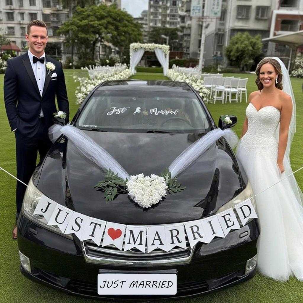 Heart-Shaped Wedding Car Hood Decoration With Angel Wing Design –2 Rearview Artificial Flowers, White Tulle Ribbons & Just Married Decal Set