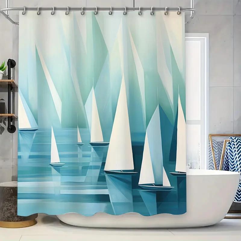 

Blue Sailboat Shower CurtainModern Geometric Design for Bathroom Decor Waterproof Fabric Home Decoration with Rod W90xH180cm