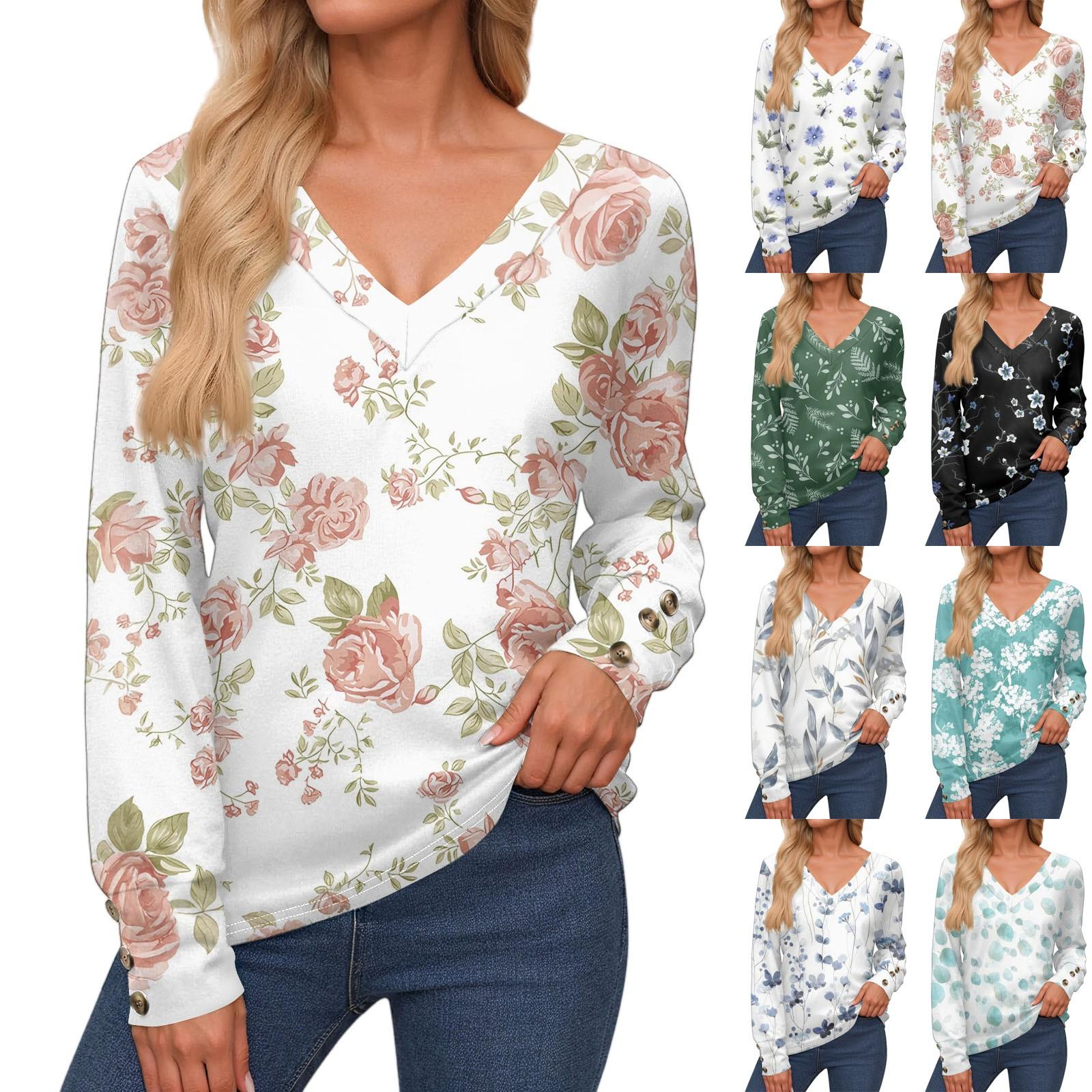 

Women s Tops Long Sleeve Cuffs Button-Up Shirt V-Neck Casual Loose Tee Floral Tops M