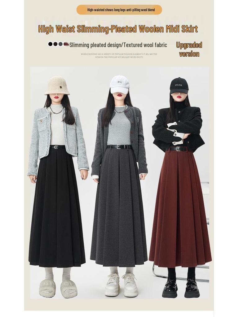 Women's 2024 High-Waisted Wool Pleated Midi Skirt – Autumn/Winter Slimming A-Line