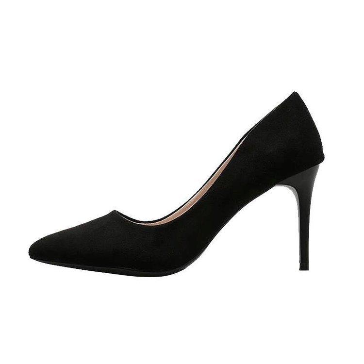 

2024 autumn and winter new black light mouth suede fine heel high heel single shoes black suede etiquette shoes versatile pointed shoes 34