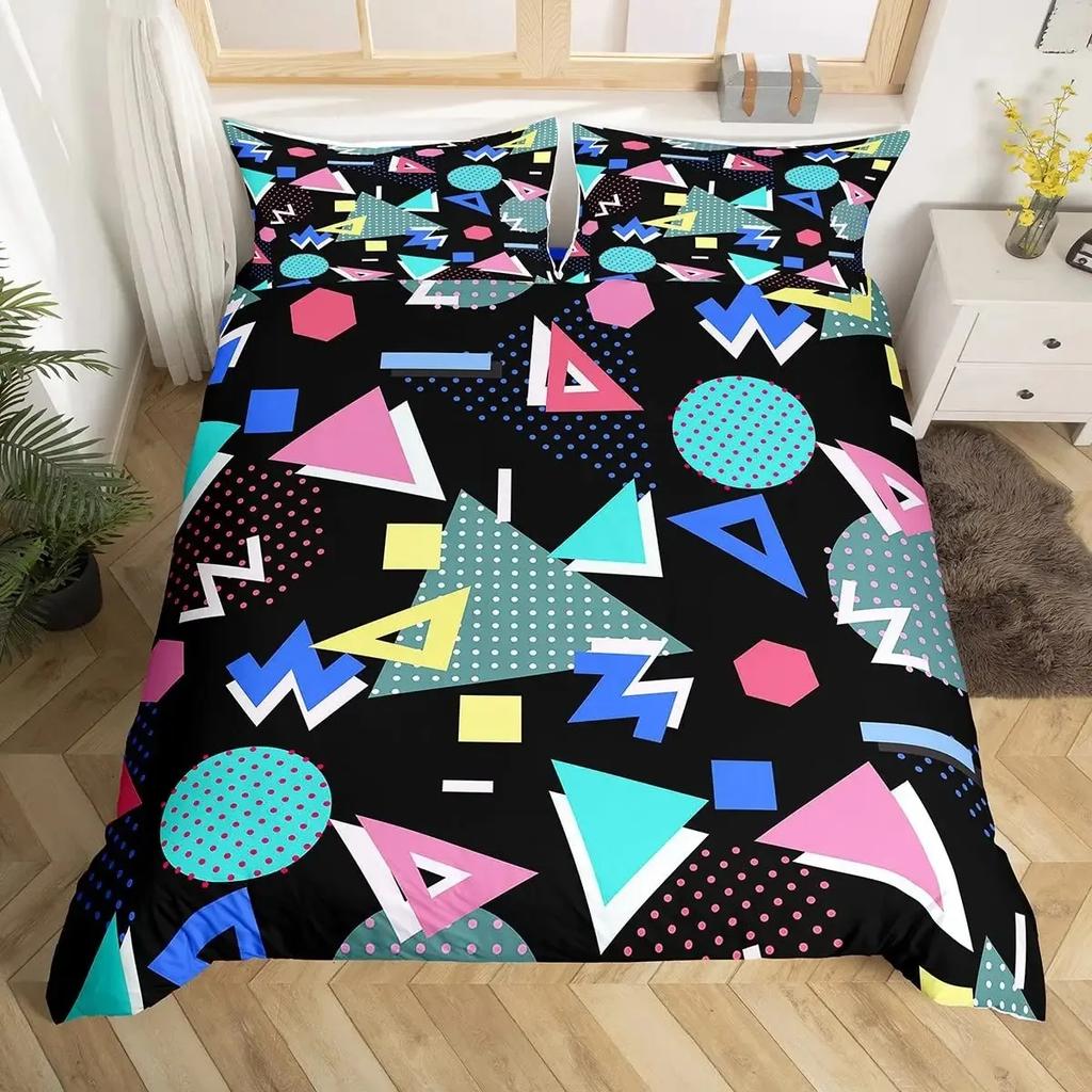 Retro Memphis Style Duvet Cover Set Galaxy Fashion Style Geometric Shapes Bedding Set Full,Hipster Old Fashioned Comforter Cover