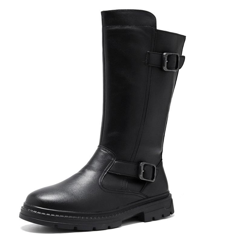 Fashion Size 38-46 Men's Fashionable High-Top Leather Boots Genuine Cowhide Shoes Side Zipper Thick-Sole Cowboy Boots for Everyday Wear