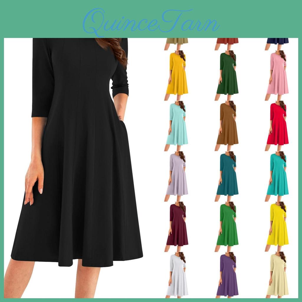 Round Womens Casual Neck Fashion Three Quarter Sleeve Solid Color Midi Dress