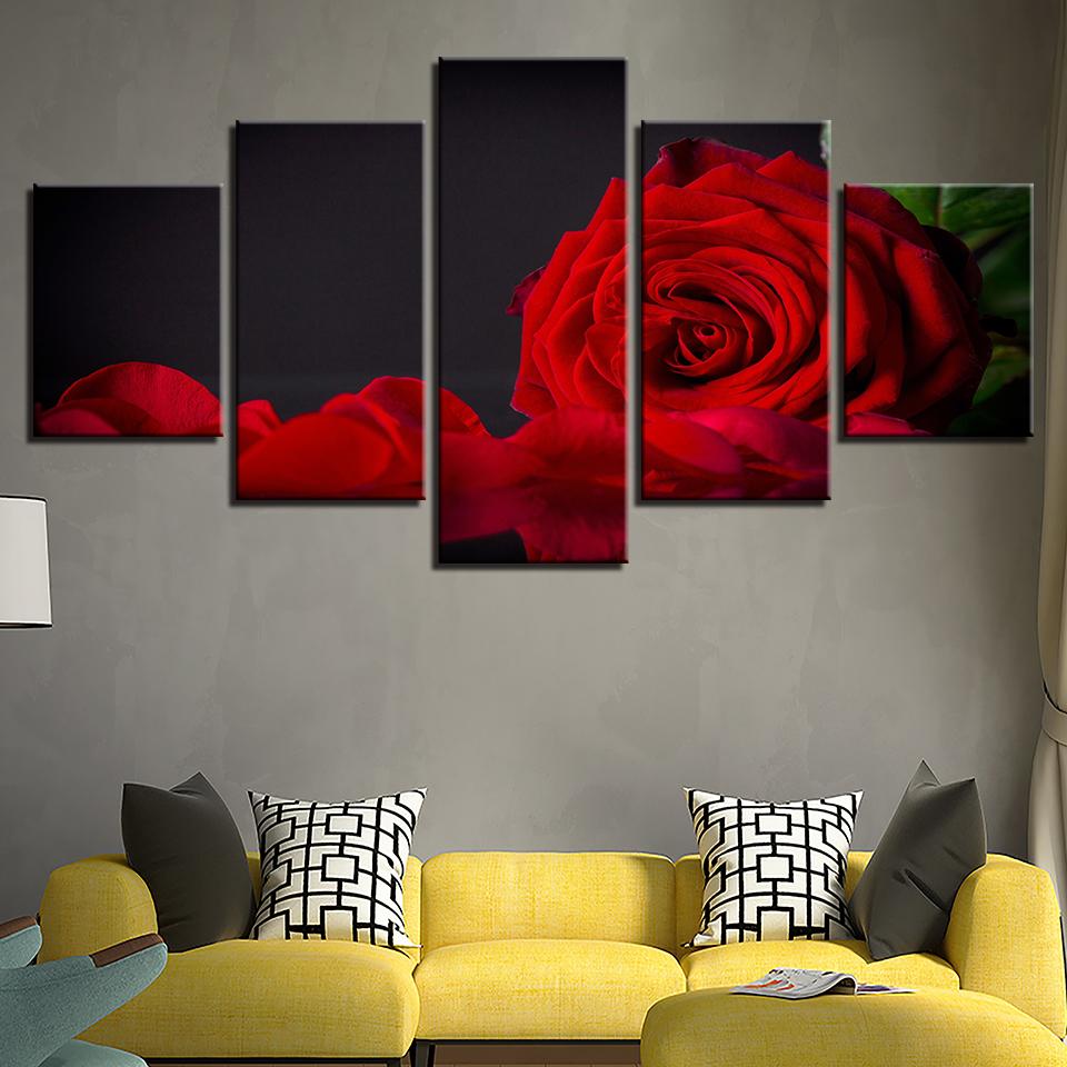 Canvas HD Prints Pictures Wall Art 5 Pieces Red Rose Flower Paintings Modular Petal Posters Home Decor For Living Room Framework