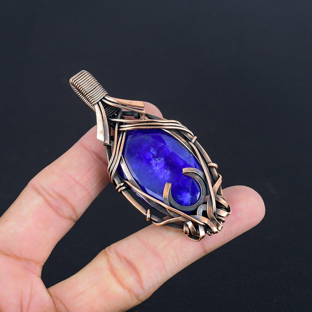 Blue Sapphire Pendant, Handmade Gemstone Pendant, 999 Copper Wire Wrapped Pendant Antique Jewelry, For Engagement Gift