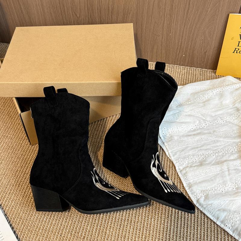 Fashion Vintage Design Pointed Toe Women Western Cowboy Boots Fashion Festival Thick Heel Female Short Booties
