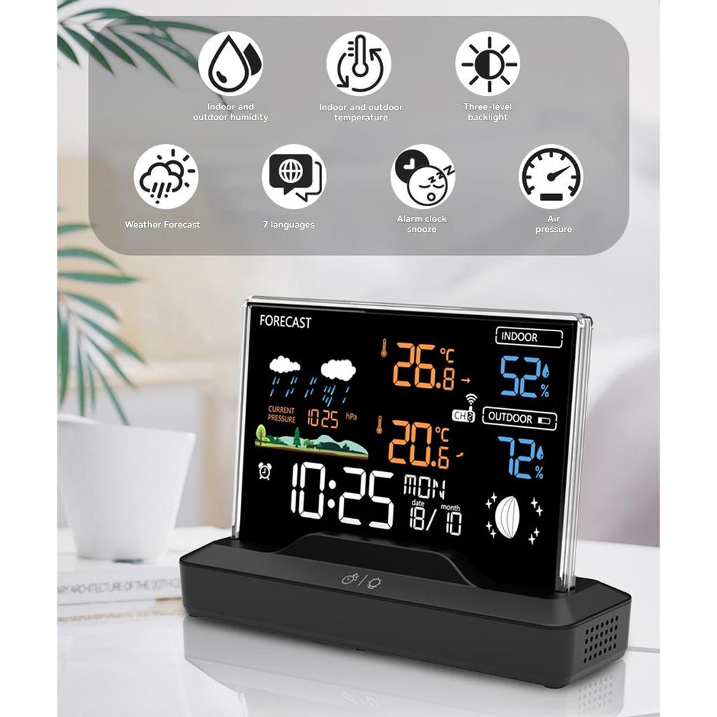 Wireless Weather Station Home RF Alarm Clock VA Color Screen In/Outdoor Thermometer Hygrometer with Weather Forecast 2025 New