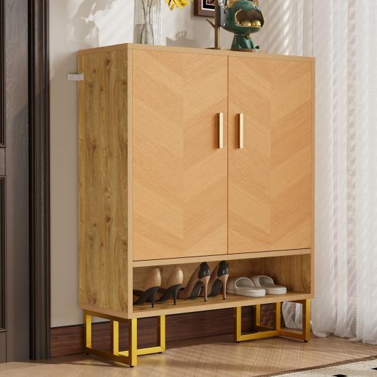 Modern, Minimalist Shoe Cabinet, Unique Wood Grain, Golden Iron Frame, Two-Door Storage Cabinet, Narrow Shoe Cabinet, Shoe Rack, Shoe Tipper,