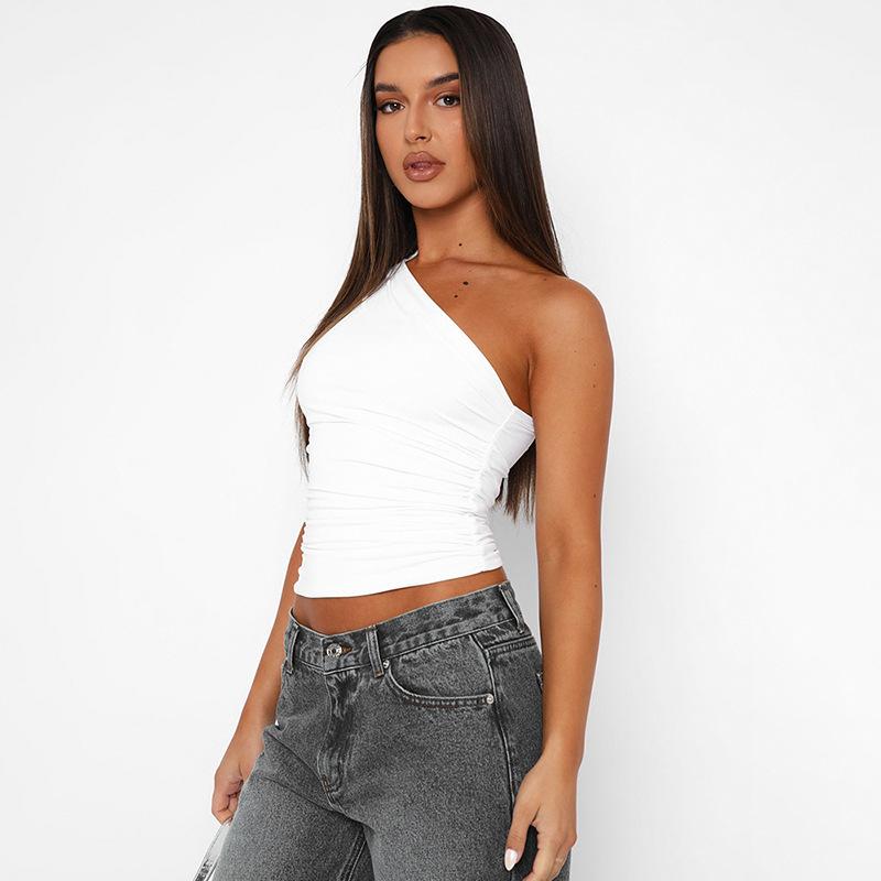 Solid Color One Shoulder Backless Shrink Tank Top T-Shirt Candy Color Tight Sexy Sleeveless Neckless Slim Casaul Top