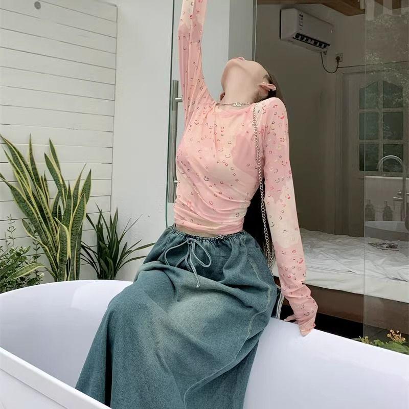 Pure Desire Style Mesh Design Printed Sunscreen Long-Sleeve T-Shirt Women's Summer Slim-Fit Base Layer Figure-Flattering Spicy Girl Top