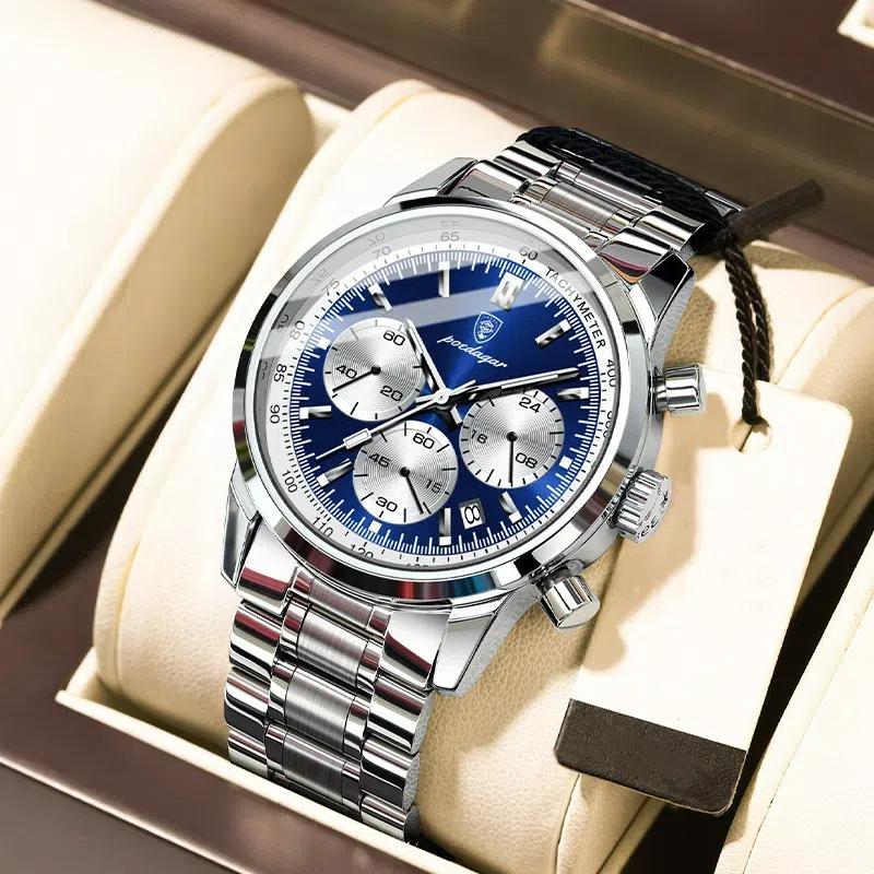 

POEDAGAR Роскошные мужские часы с хронографом, водонепроницаемые, светящиеся, с датой, из нержавеющей стали, кварцевые часы для мужчин, военные мужские часы серебряный/синий