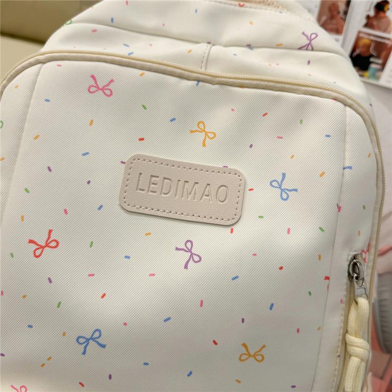 Rucsac din Nylon cu Imprimeu Fundițe Drăguțe pentru Fete Geantă Școlară cu Capacitate Mare Rucsac Student cu Buzunare Multiple