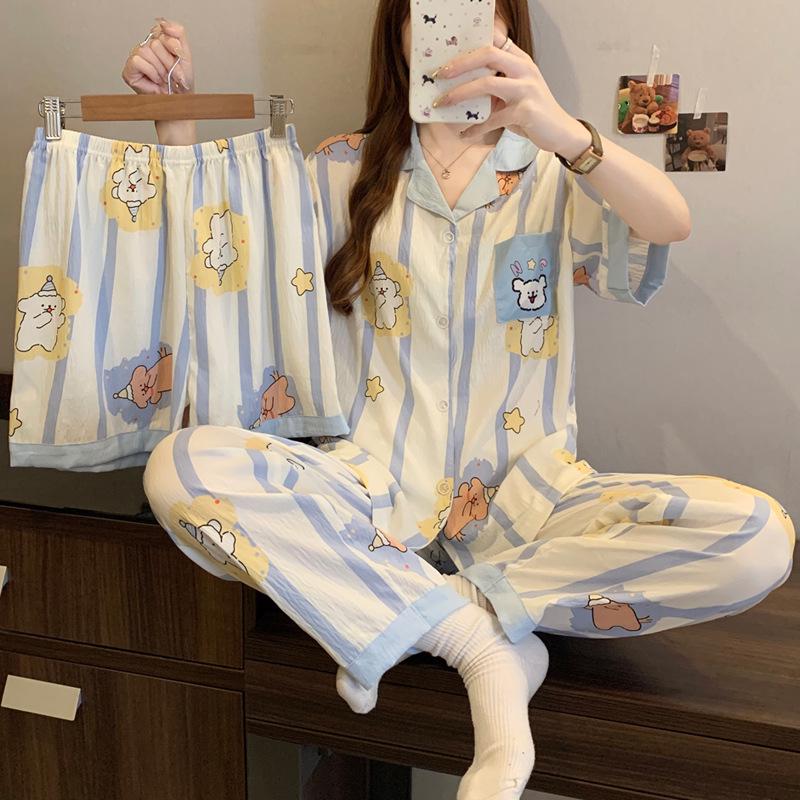 Leopard Print Love Heart Short Sleeve Pajama Set: Women's Summer Cloud Cotton Three-Piece Loungewear