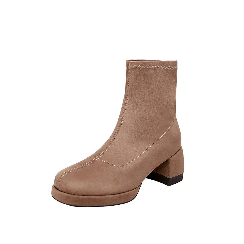 Spot second hair high-heeled short boots women's 2025 new spring and autumn elastic boots suede round head waterproof table thick heel thin boots