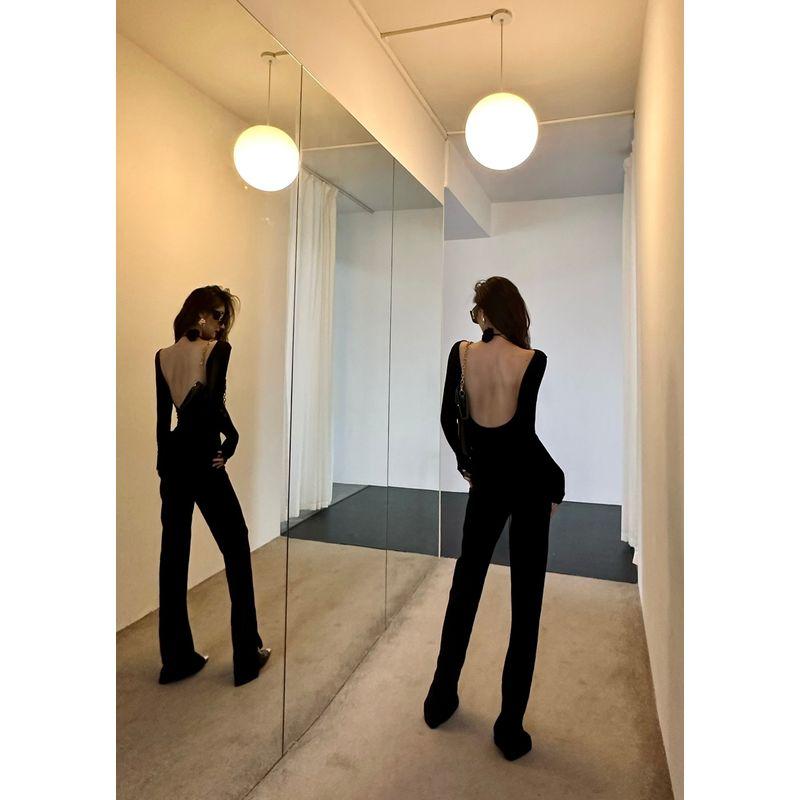 

Isgrx Stylish Niche Style Fashion Elegant Dancing Dress Exposed Back Sexy Adult Lady like Woman Base Knitting Black S