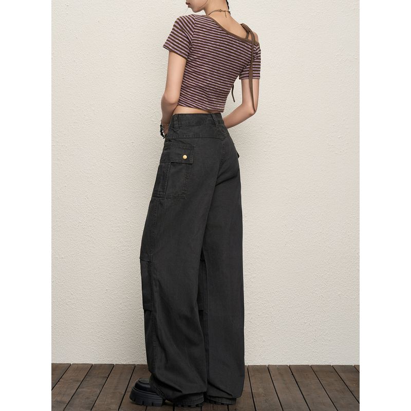 American-Style Small Light Cargo Pants Women's Summer 2025 New Arrival Large Pocket Ruched Summer Loose Feeling Wide-Leg Pants