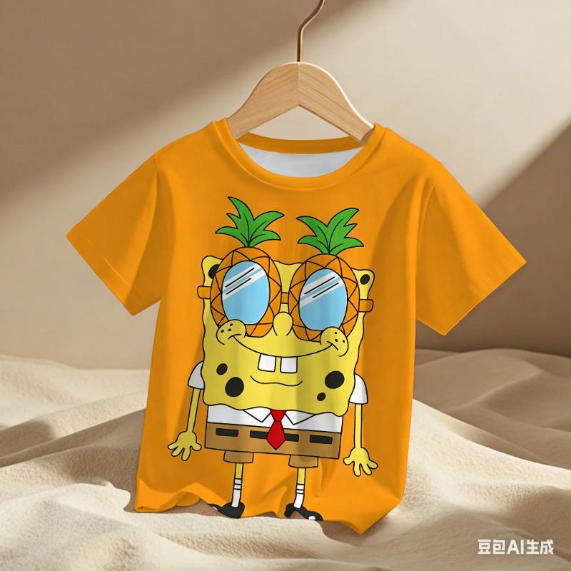 Summer Children's SpongeBob 3D Print Pattern T-shirt for Teenage Boys and Girls -  Casual Short-Sleeved Shirt