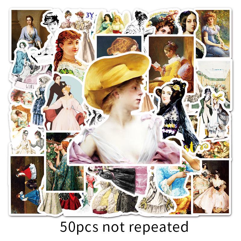 50 European Court Style Retro Graffiti Stickers for Women – Perfect for Laptops, Suitcases, and Cars