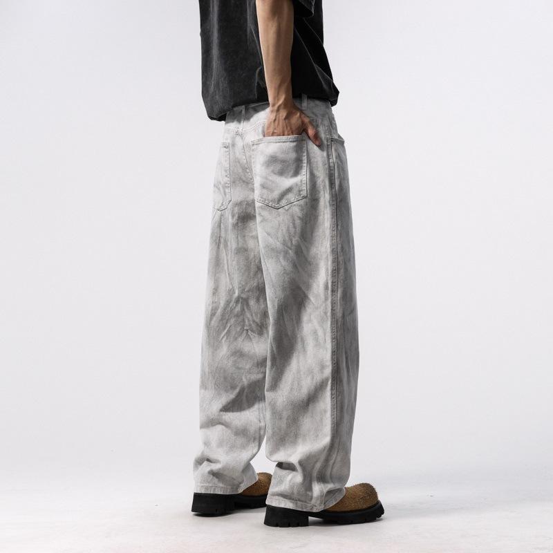 New Spring Tie-dyeed Old Jeans Men's American Straight Wide-leg Loose Work Trousers