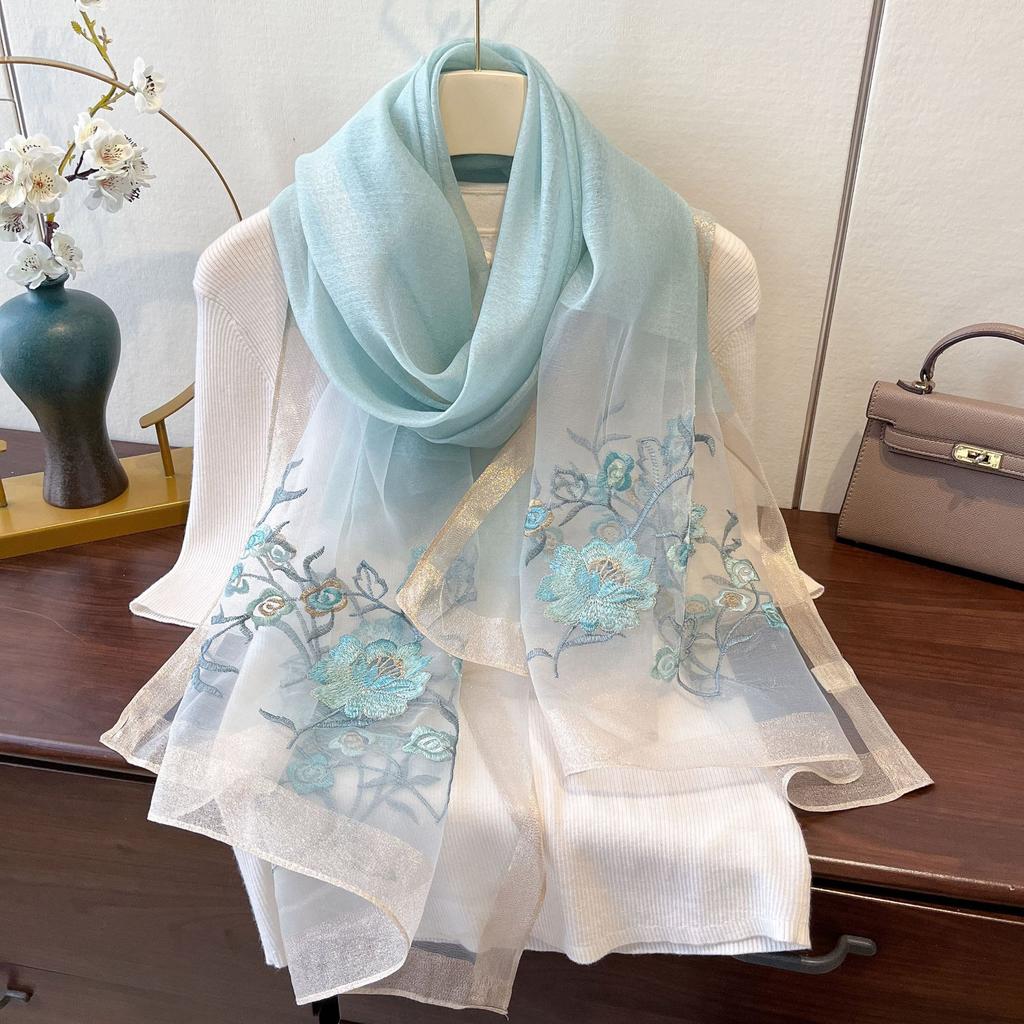 Imitation Silk Embroidered Long Silk Scarf for Women's Fashionable and Fashionable Mulberry Silk Sunscreen Scarf