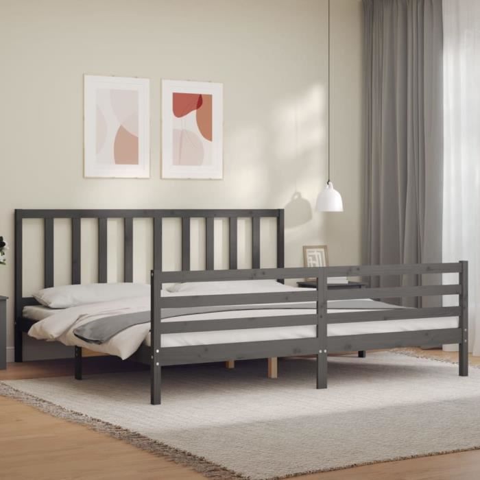 VidaXL Bed Frame with Headboard Grey 200x200 Cm Solid Wood 3193878