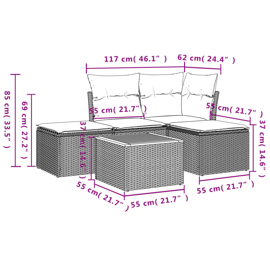 5 Piece Garden Sofa Set with Cushions Beige Poly Rattan