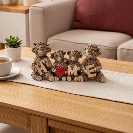 Decorative Accents for Bookshelf Highland Cow Family Figurine, Resin Cattle Statue Holding HOME Letter Sign, Stable Table Decoration Farmhouse