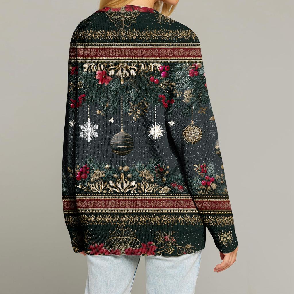 Women's Fashion Long Sleeve Print V-Neck Button Loose Cardigan Top