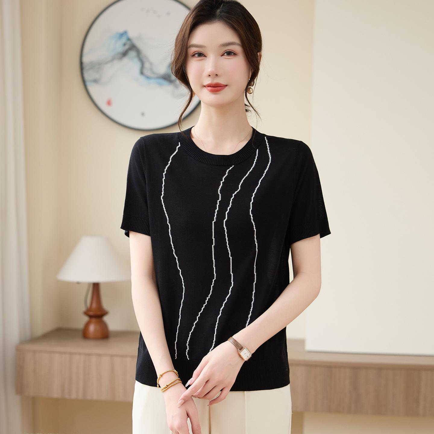

Mother s Day Summer Ice Silk Knit Top: Loose Tencel Short Sleeve for Middle-aged and Elderly Women 5XL (150-165 lbs) чёрный