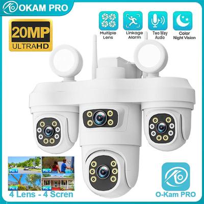 OKAM PRO WIFI Security Camera HD 20MP 4-Lens Floodlight Outdoor Camera Two-Way Intercom Motion Tracking IP66 Waterproof IP CCTV