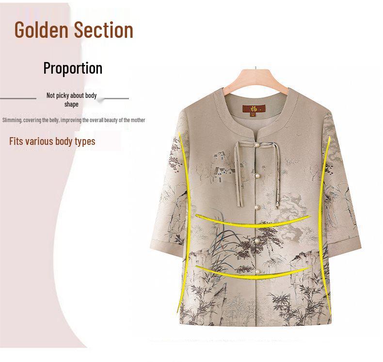 Elegant Chinese Summer Outfit: Short-Sleeved Top & Two-Piece Set for Middle-Aged and Elderly Women