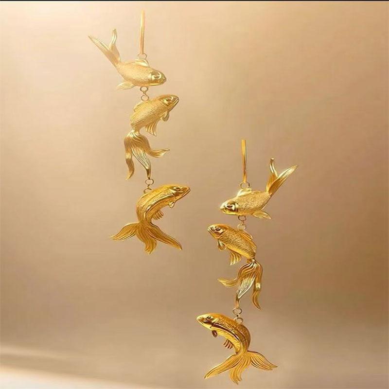 New Chinese Gold Koi Earrings, Retro National Style Three-dimensional Goldfish Fringed Long Cheongsam Horse Face Skirt Earrings Accessories