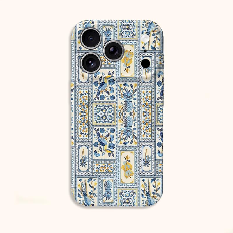 Artistic Mediterranean Parrot Pineapple Tile Graphic Art Film Aesthetic Protective Shockproof Bumper Case For iPhone 14 15 16 Pro Max Plus