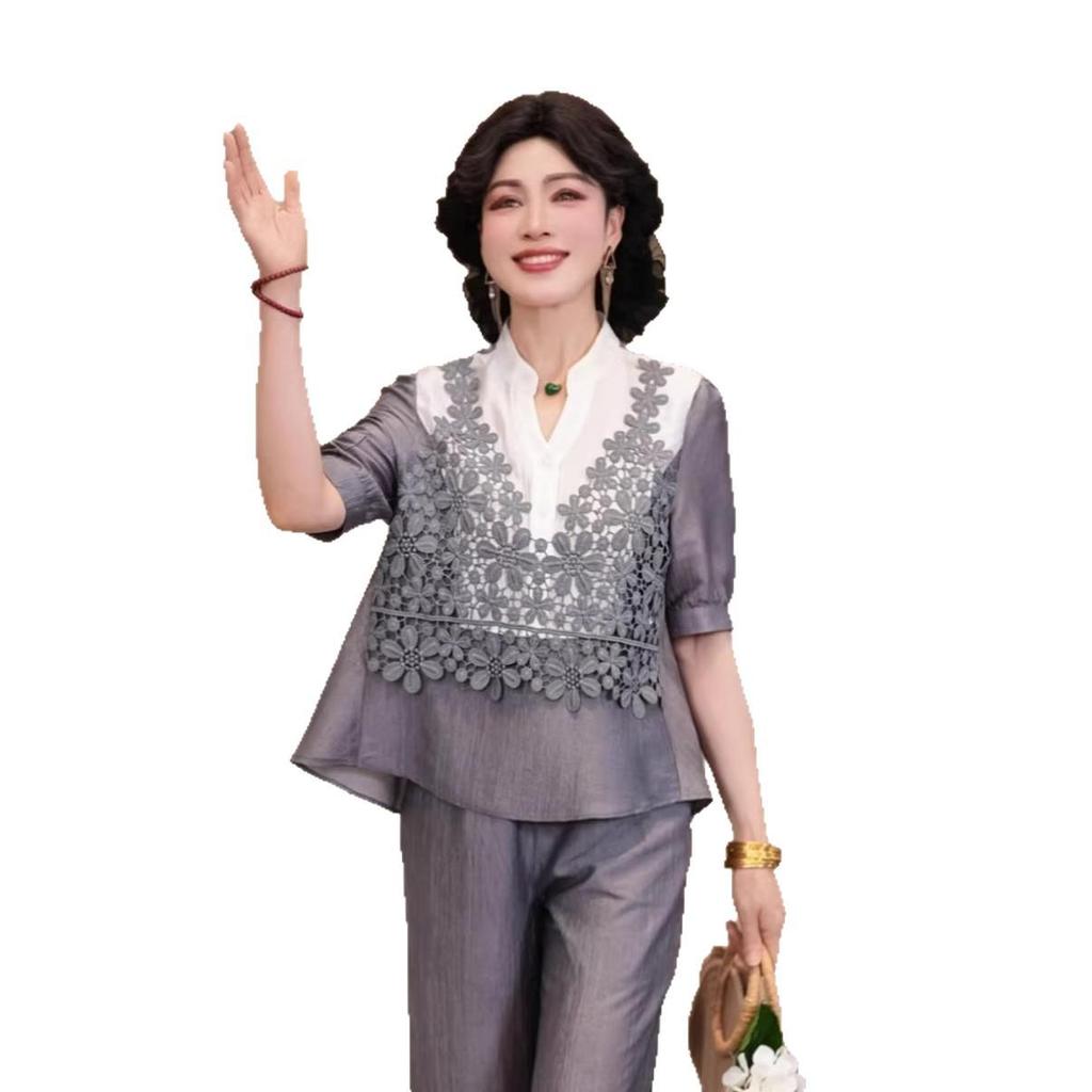 2026 Spring/Summer Style: Elegant Loose Two-Piece Set for Middle-Aged Women - Slimming Top & Pants