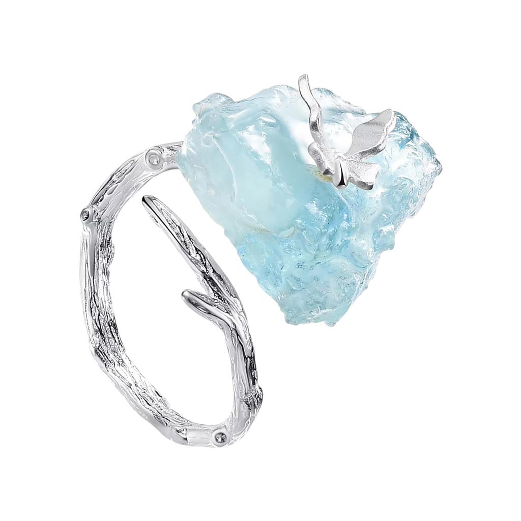 Adjustable Aquamarine Butterfly Ring with Big Gemstones Natural Stone Finger Jewelry Accessory for Elegant Women
