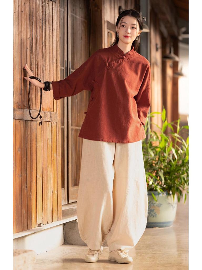 25 Autumn Retro Stand Collar Women's Cotton Linen Shirt with Frog Buttons - Zen Tea Ceremony Style