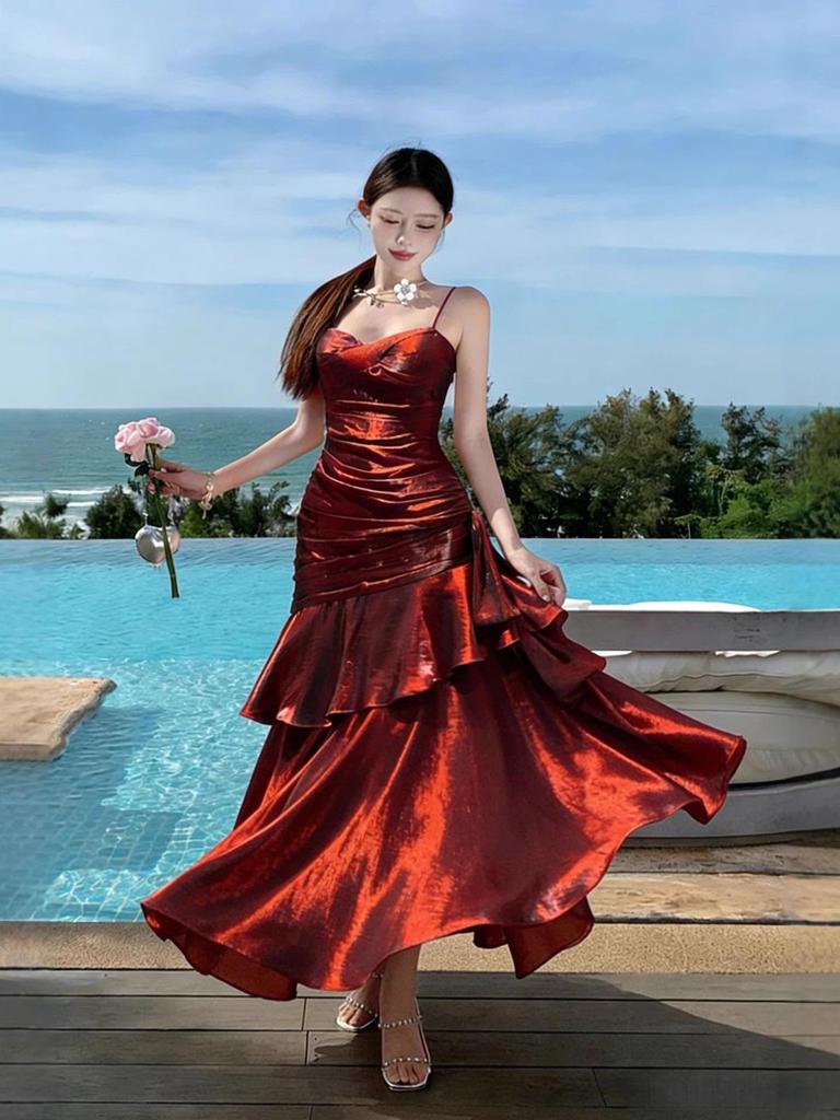 Sanya French Seaside Spaghetti Strap Ruffled Vacation Dress