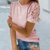 Ronde Hals Effen Kleur Losse Pasvorm Dames T-shirt Hol Kant Patchwork Korte Mouw Tee Top Dameskleding