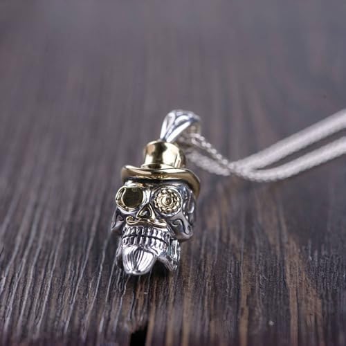 ForFox 925 Sterling Silver Skull Pendant Golden Hat Glasses Gothic Jewelry for Men Women