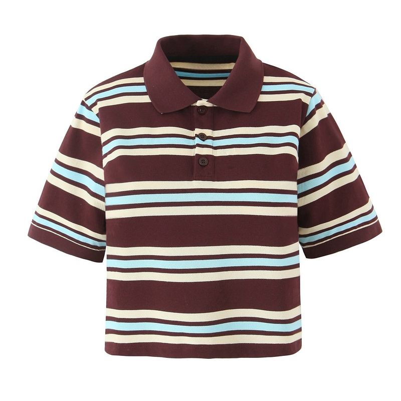 

Yu Shuxin Same Style American vintage Contrast Color Stripe Polo Shirt Short sleeve Preppy Summer All-Matching T-shirt Short Jacket Short Brown Stripes M