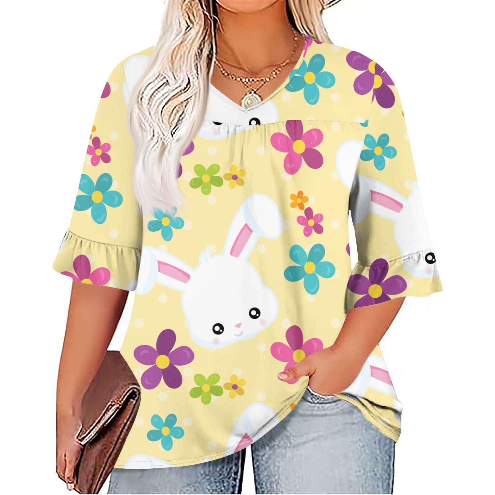 

Женская мода повседневная Пасха принтованная V-образный вырез рукав семь минут оборки рукав футболка топы плюс размер женская XXXXL белый