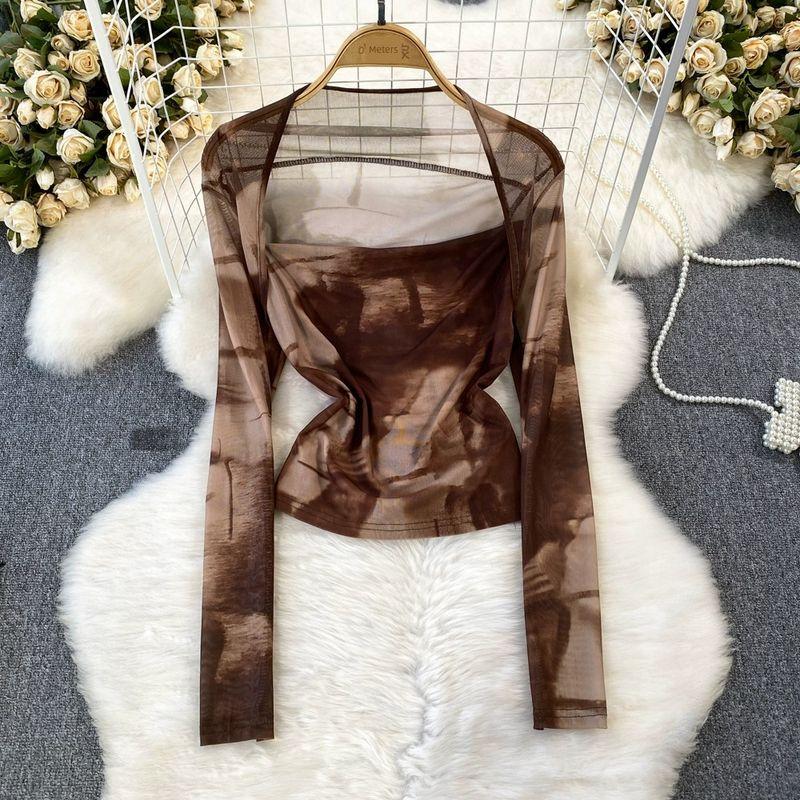 Long Sleeve Square-Neck Tie Dye Mesh Sunscreen Slim Fit Fake Two-Piece